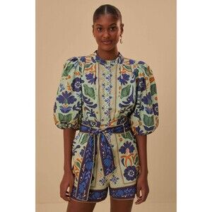 Farm Rio Green Ocean Tapestry Belted Romper, Medium, 100% Cotton New $200